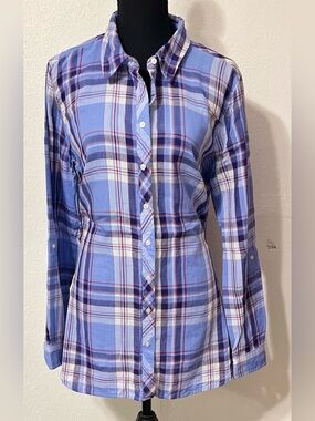 Talbots Blue Plaid Button-Front Shirt Button 100% Cotton Casual Lightweight L